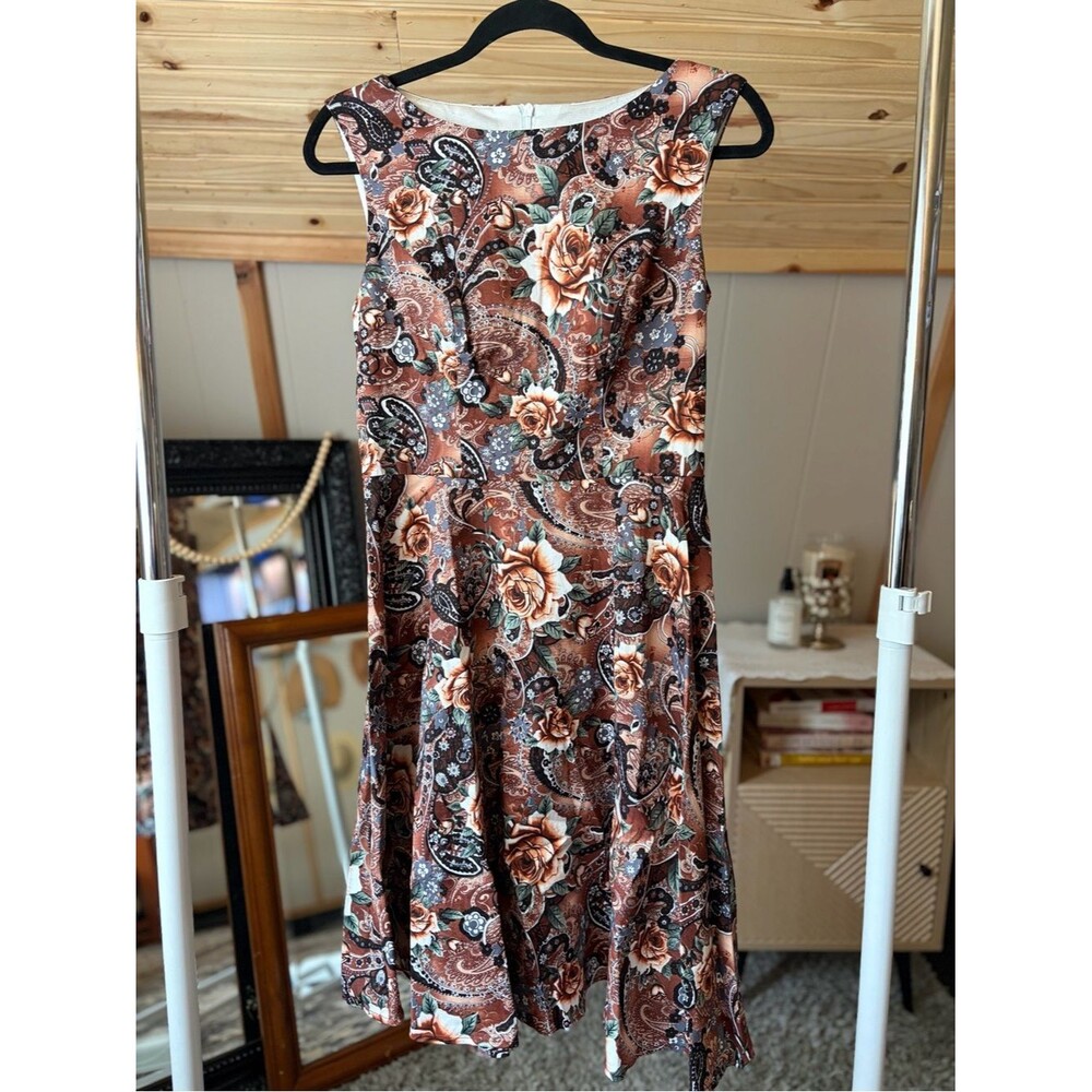 Women’s Hanpce’irs Sleeveless Rose Floral Paisley Fit Flare Dress in Brown M